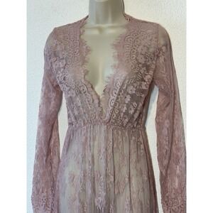 Pink Lace Maxi Dress Boho Sheer Long Sleeve Deep V-Neck S Fairy Coquette Sexy